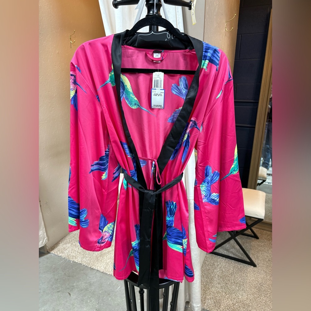Jezebel Pink and Black Satin Robe with Floral Design